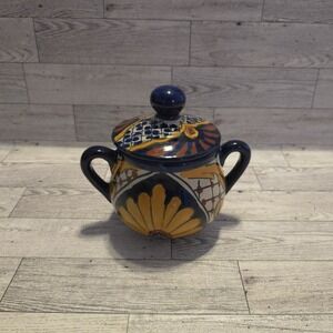 Mexican Talavera Lidded Terracotta Bowl Hand Painted w Handles